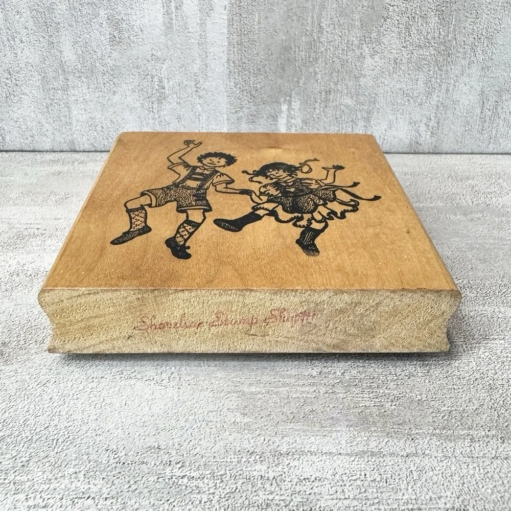 Vintage 1997 Wood Mounted Rubber Stamp German Folk Art Dancing Children Boy Girl